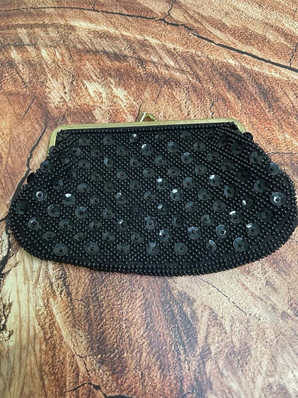 Vintage Black Beaded and Sequin Clasp Evening Purse Clutch